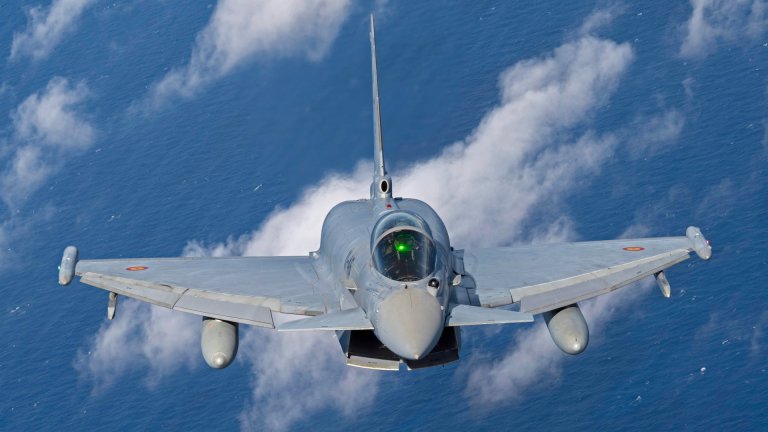 A Spanish Air Force Eurofighter Typhoon participating in NATO exercise Ramstein Flag 24 flies over the west coast of Greece, Oct. 4, 2024. Over 130 fighter and enabler aircraft from Greece, Canada, France, Hungary, Italy, Poland, Portugal, Romania, Spain, Sweden, United Kingdom and United States are training side by side to improve tactics and foster more robust integration, demonstrating NATO’s resolve, commitment and ability to deter potential adversaries and defend the Alliance.